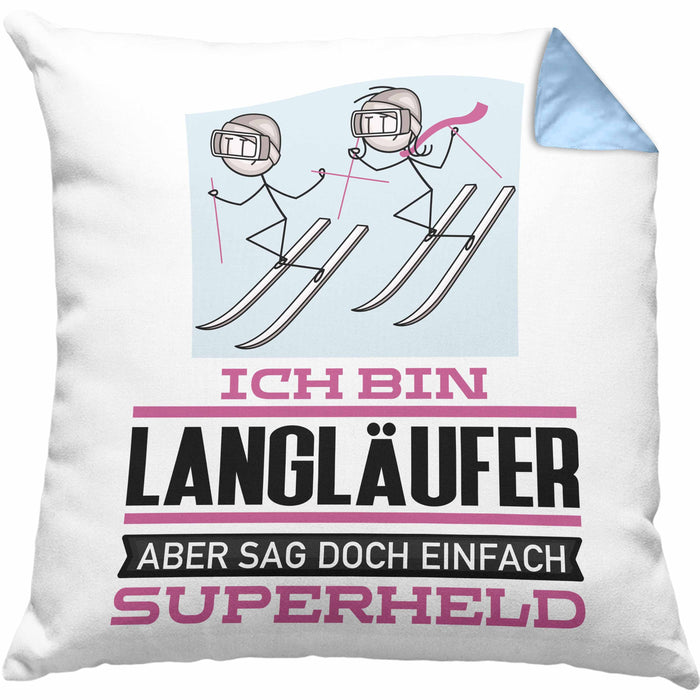 Langläufer Geschenk Kissen mit Füllung 40x40 Ich Bin Langläufer Aber Sag Doch Einfach Superheld Lustige Geschenkdiee für Langläufer (Grau) Blau Trendation