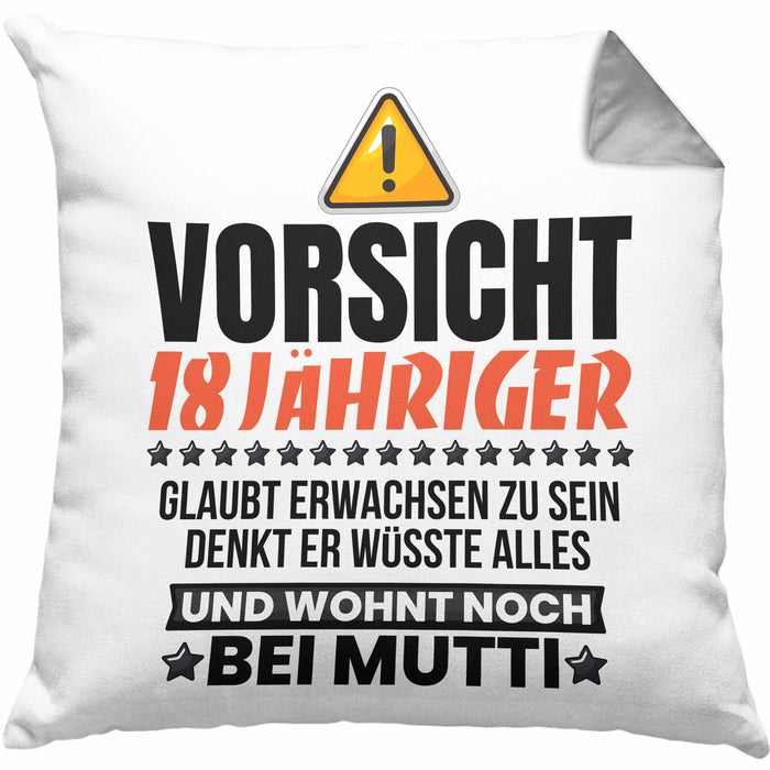 18. Geburtstag Kissen mit Füllung 40x40 Geschenk Jungs Männer Vorsicht 18 Jähriger Glaubt Erwachsen Zu Sein Wohnt Noch Bei Mutti (Grau) Grau Trendation