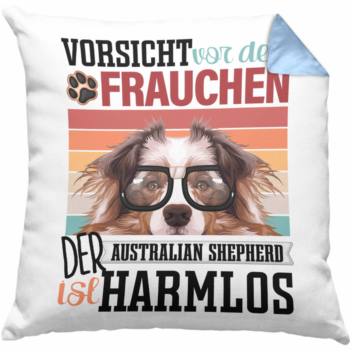 Australian Shepherd Besitzerin Frauchen Kissen mit Füllung 40x40 Geschenk Lustiger Spruch Geschenkidee Vorsicht Vor Dem Frauchen (Grau) Blau Trendation