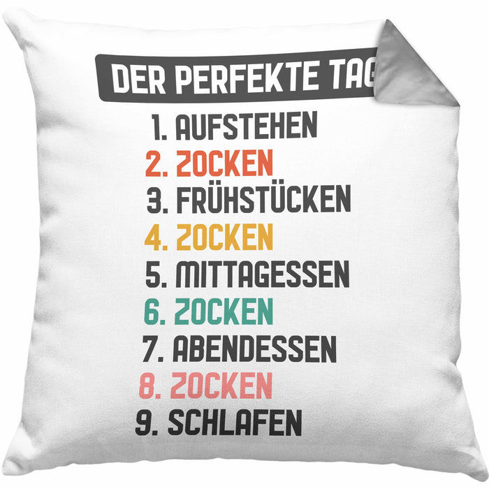 Zocker Gamer Kissen mit Füllung 40x40 mit Spruch Geschenk Junge Jungs Gaming Der Perfekte Tag (Grau) Grau Trendation