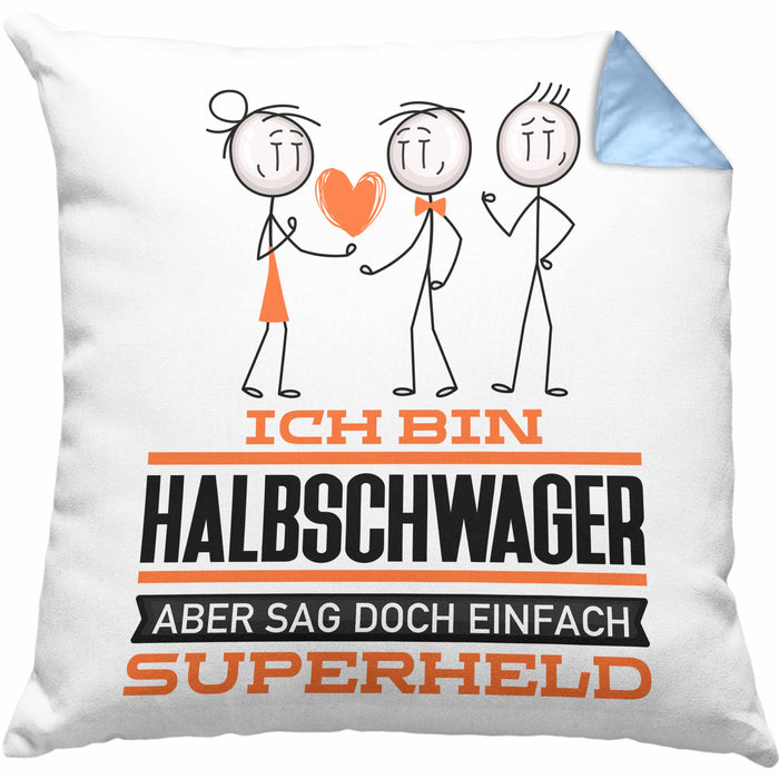 Halbschwager Geschenk Kissen mit Füllung 40x40 Ich Bin Halbschwager Aber Sag Doch Einfach Superheld Lustige Geschenkdiee für Halbschwager (Grau) Blau Trendation