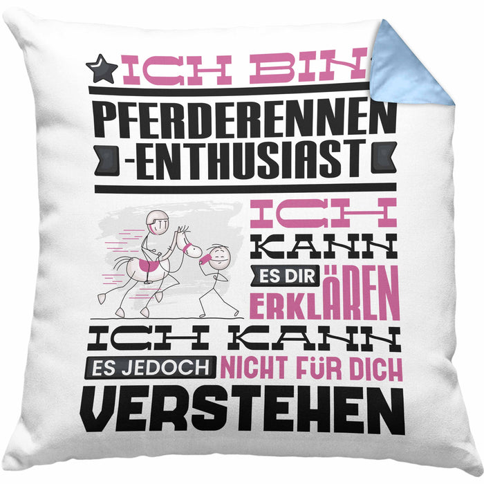 Pferderennen-Enthusiast Geschenk Kaffee-Kissen mit Füllung 40x40 Geschenkidee für Pferderennen-Enthusiast Ich Bin Pferderennen-Enthusiast Ich Kann Es Dir Erklären Jedoch Nicht Für Dich Verstehen Spruch Lustig (Grau) Blau Trendation