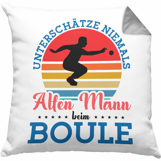 Boule Kissen mit Füllung 40x40 für Boule-Spieler als Geschenkidee Spruch Unterschätze Niemals Einen Alten Mann Beim Boule (Grau) Grau Trendation