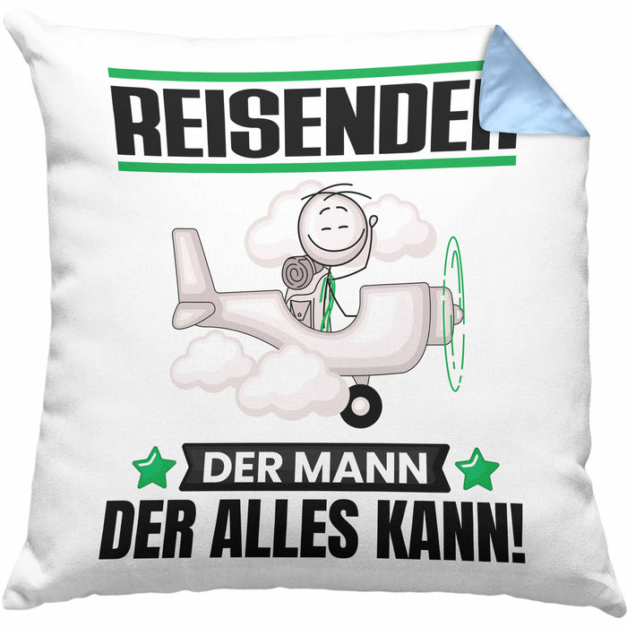 Reisender Kissen mit Füllung 40x40 Geschenk für Reisender Der Mann Der Alles Kann Geschenkidee zum Geburtstag (Grau) Blau Trendation
