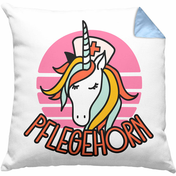 Lustige Pflege Geschenkidee für Pflegerinnen Kissen mit Füllung 40x40 Einhorn "Pflegehorn" Spruch (Grau) Blau Trendation
