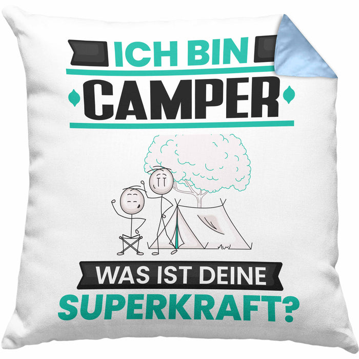 Camper Kissen mit Füllung 40x40 Geschenk für Camper Geburtstag Lustiger Spruch Was Ist Deine Superkraft (Grau) Blau Trendation