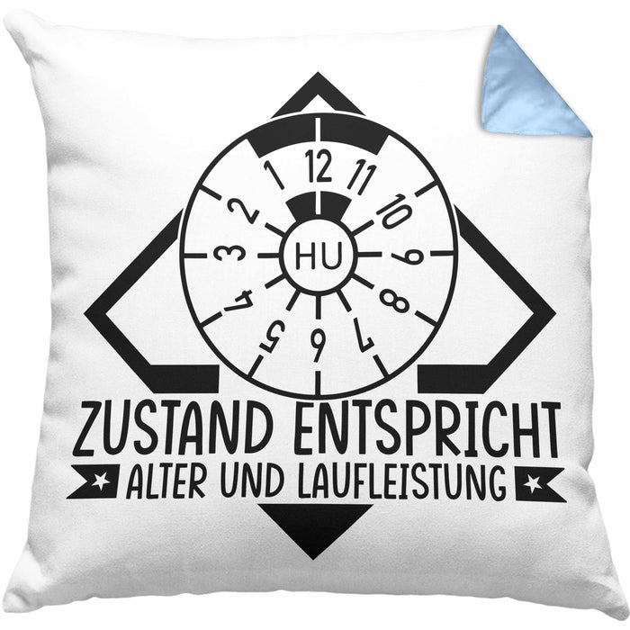 KFZ Mechaniker Kissen mit Füllung 40x40 Geschenk Spruch Männer KFZ Mechatroniker Geschenkidee Werkstatt Zustand Entispricht Alter Und Laufleistung (Grau) Blau Trendation