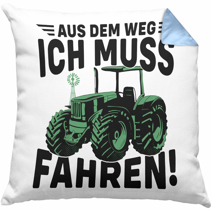 Traktor Trekker Kissen mit Füllung 40x40 Geschenk Landwirt Bauer Geschenkidee Kinder Aus Dem Weg Ich Muss Traktor Fahren (Grau) Blau Trendation