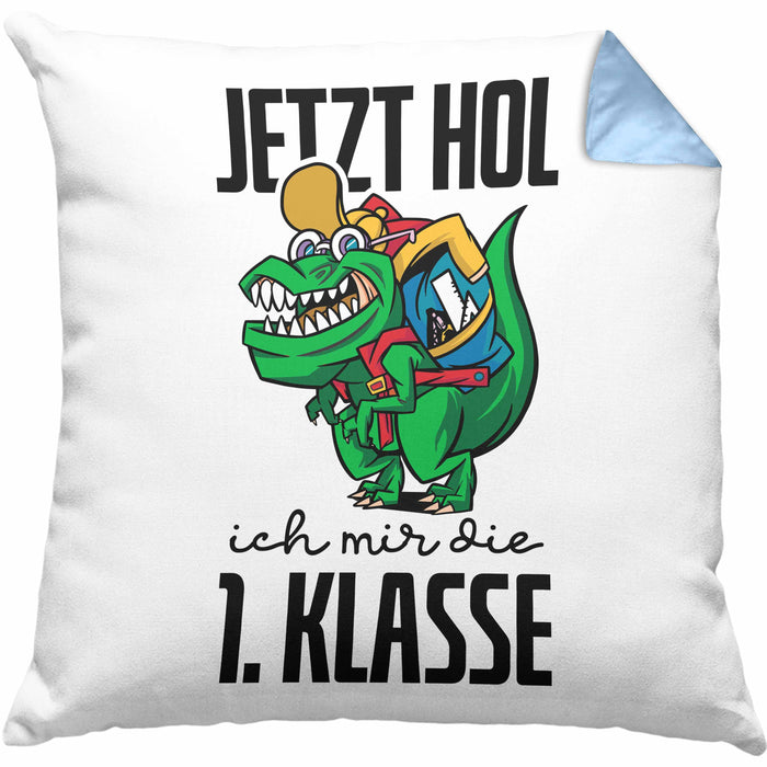 Kissen mit Füllung 40x40 Einschulung Dino T-rex Motiv Geschenk für Jungs in der 1. Klasse Schulstart (Grau) Blau Trendation