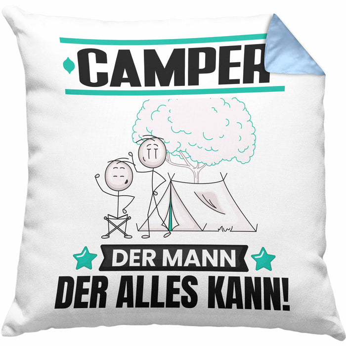 Camper Kissen mit Füllung 40x40 Geschenk für Camper Der Mann Der Alles Kann Geschenkidee zum Geburtstag (Grau) Blau Trendation