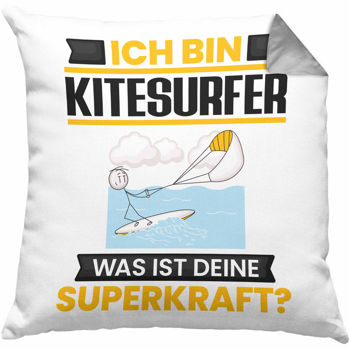 Kitesurfer Kissen mit Füllung 40x40 Geschenk für Kitesurfer Geburtstag Lustiger Spruch Was Ist Deine Superkraft (Grau) Grau Trendation