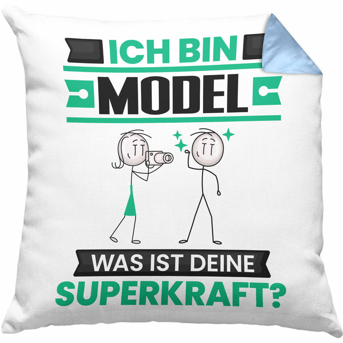 Model Kissen mit Füllung 40x40 Geschenk für Model Geburtstag Lustiger Spruch Was Ist Deine Superkraft (Grau) Blau Trendation