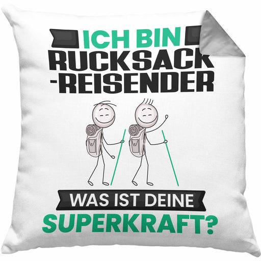 Rucksackreisender Kissen mit Füllung 40x40 Geschenk für Rucksackreisender Geburtstag Lustiger Spruch Was Ist Deine Superkraft (Grau) Grau Trendation