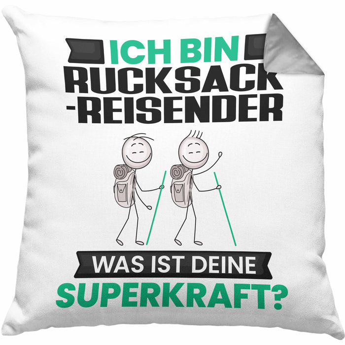 Rucksackreisender Kissen mit Füllung 40x40 Geschenk für Rucksackreisender Geburtstag Lustiger Spruch Was Ist Deine Superkraft (Grau) Grau Trendation