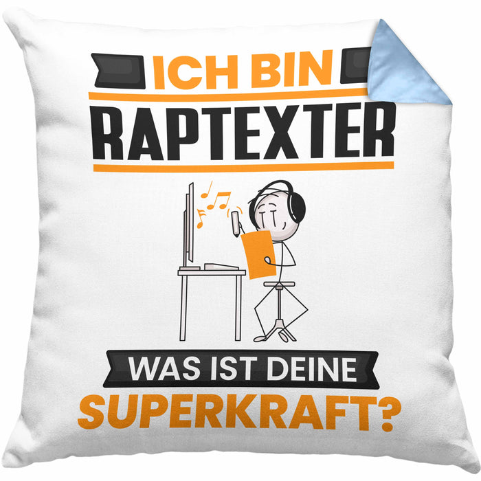 Raptexter Kissen mit Füllung 40x40 Geschenk für Raptexter Geburtstag Lustiger Spruch Was Ist Deine Superkraft (Grau) Blau Trendation