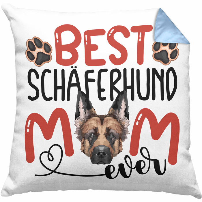 Schäferhund Mom Besitzerin Kissen mit Füllung 40x40 Geschenk Lustiger Spruch Geschenkidee Besitzerin Schäferhund Mama (Grau) Blau Trendation
