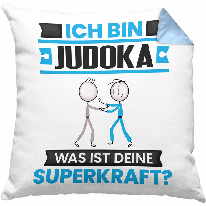 Judoka Kissen mit Füllung 40x40 Geschenk für Judoka Geburtstag Lustiger Spruch Was Ist Deine Superkraft (Grau) Blau Trendation