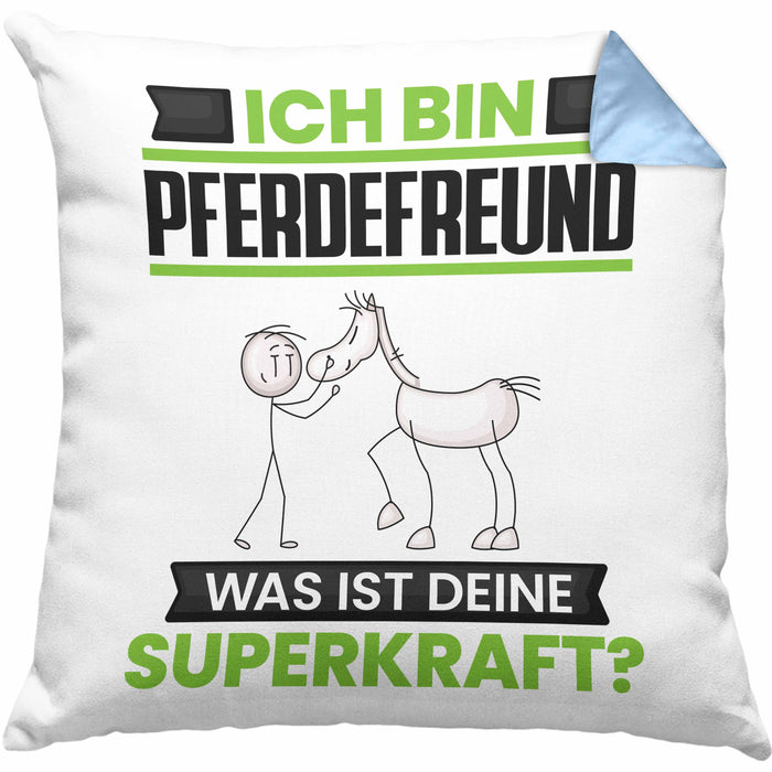 Pferdefreund Kissen mit Füllung 40x40 Geschenk für Pferdefreund Geburtstag Lustiger Spruch Was Ist Deine Superkraft (Grau) Blau Trendation