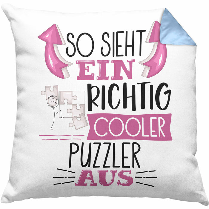So Sieht Ein Richtig Cooler Puzzler Aus Geschenk Kissen mit Füllung 40x40 Lustiger Spruch Geschenkidee (Grau) Blau Trendation