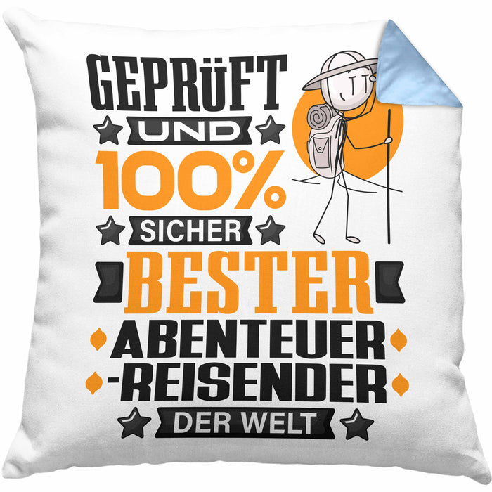 Abenteurreisender Geschenk Lustiger Spruch für Abenteurreisender Geschenkidee Bester Abenteurreisender Der WeltKissen mit Füllung 40x40 (Grau) Blau Trendation