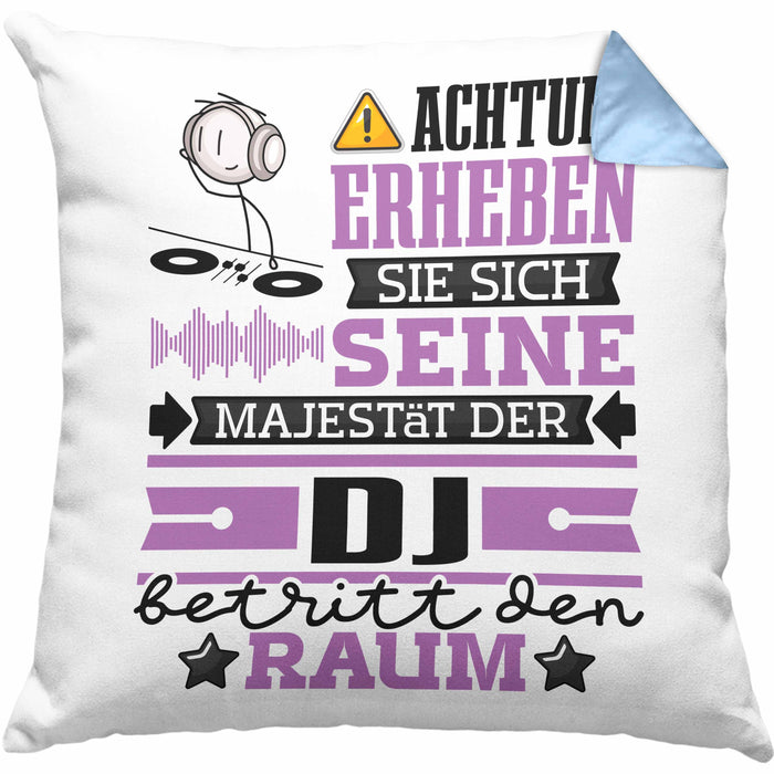 DJ Geschenk Kissen mit Füllung 40x40 Lustiger Spruch Erheben Sie Sich Der DJ Betritt den Raum (Grau) Blau Trendation