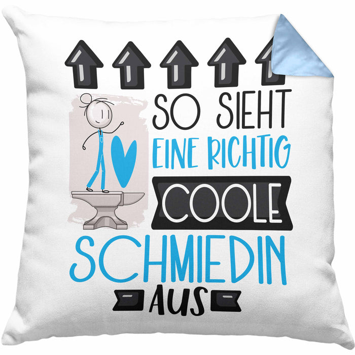 Schmiedin Geschenk Kissen mit Füllung 40x40 Geschenkidee für Schmiedin Geburtstag Weihnachten Spruch So Sieht Eine Richtig Coole Schmiedin Aus (Grau) Blau Trendation