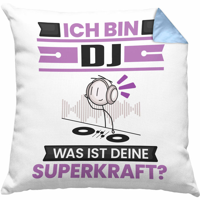 DJ Kissen mit Füllung 40x40 Geschenk für DJ Geburtstag Lustiger Spruch Was Ist Deine Superkraft (Grau) Blau Trendation