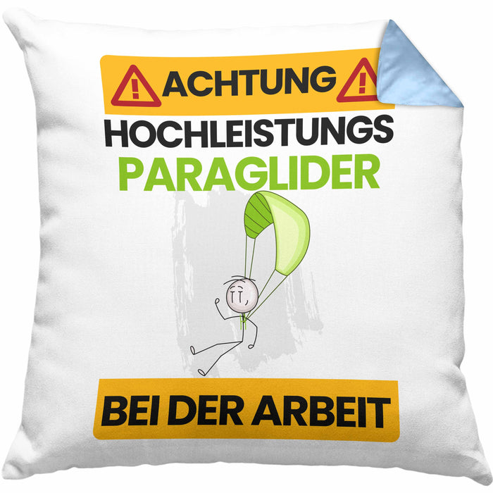 Paraglider Kissen mit Füllung 40x40 Geschenk Lustiger Spruch Geschenkidee für Paraglider Achtung Hochleistungs Paraglider Bei Der Arbeit (Grau) Blau Trendation