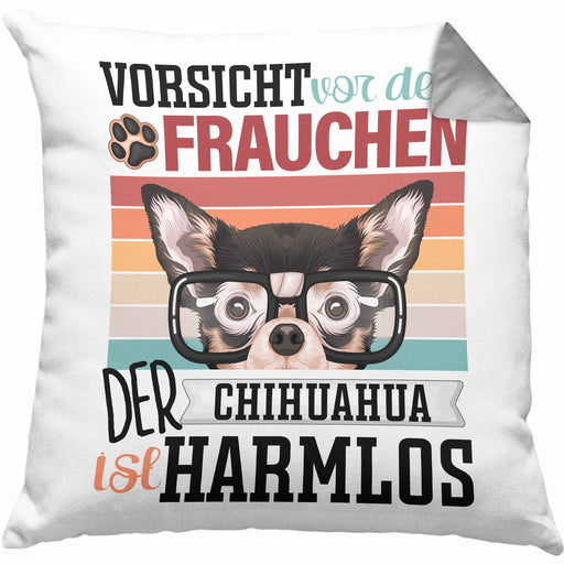 Chihuahua Besitzerin Frauchen Kissen mit Füllung 40x40 Geschenk Lustiger Spruch Geschenkidee Vorsicht Vor Dem Frauchen (Grau) Grau Trendation