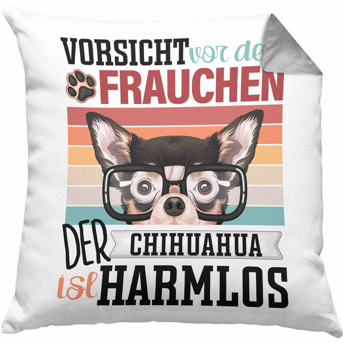 Chihuahua Besitzerin Frauchen Kissen mit Füllung 40x40 Geschenk Lustiger Spruch Geschenkidee Vorsicht Vor Dem Frauchen (Grau) Grau Trendation