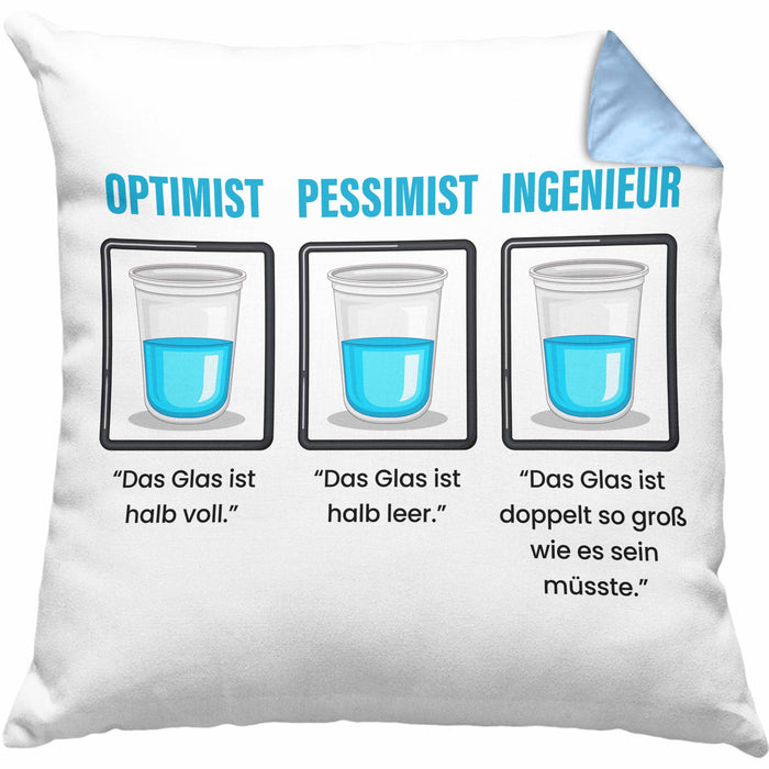 Ingenieur Kissen mit Füllung 40x40 Geschenk Spruch Geschenkidee für Ingenieure Das Glas Ist Doppelt So Groß Wie Es Sein Muss (Grau) Blau Trendation