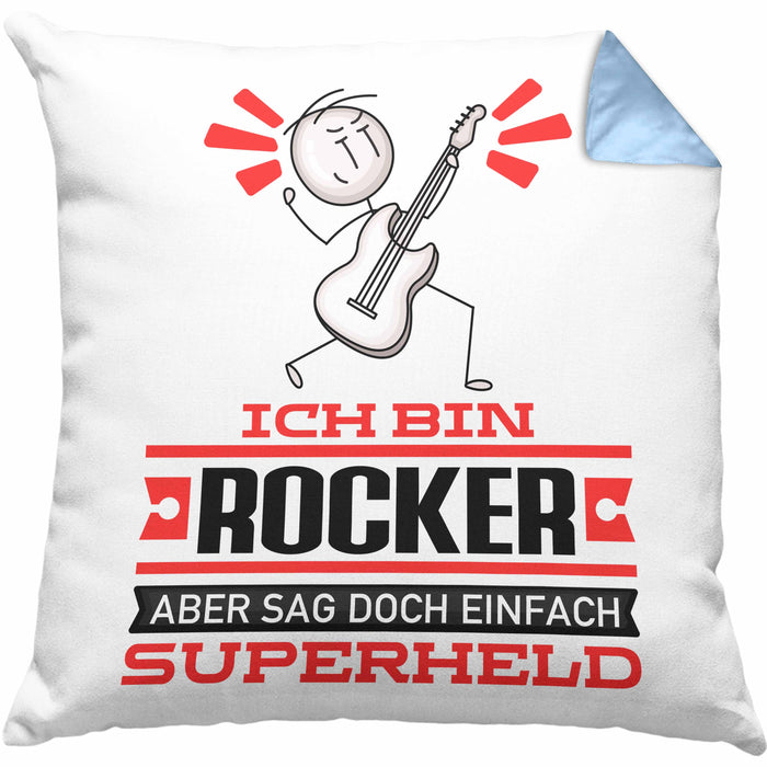 Rocker Geschenk Kissen mit Füllung 40x40 Ich Bin Rocker Aber Sag Doch Einfach Superheld Lustige Geschenkdiee für Rocker (Grau) Blau Trendation