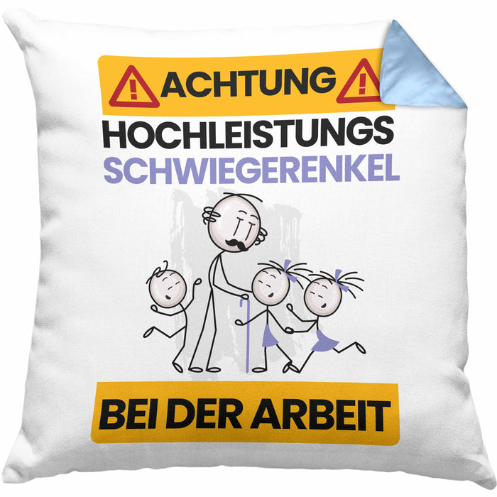 Schwiegerenkel Kissen mit Füllung 40x40 Geschenk Lustiger Spruch Geschenkidee für Schwiegerenkel Achtung Hochleistungs Schwiegerenkel Bei Der Arbeit (Grau) Blau Trendation