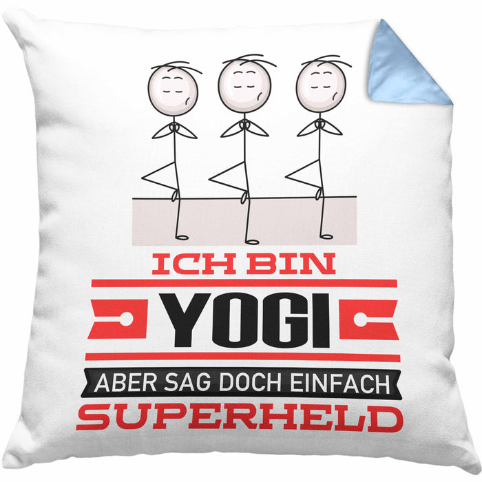 Yogi Geschenk Kissen mit Füllung 40x40 Ich Bin Yogi Aber Sag Doch Einfach Superheld Lustige Geschenkdiee für Yogi (Grau) Blau Trendation