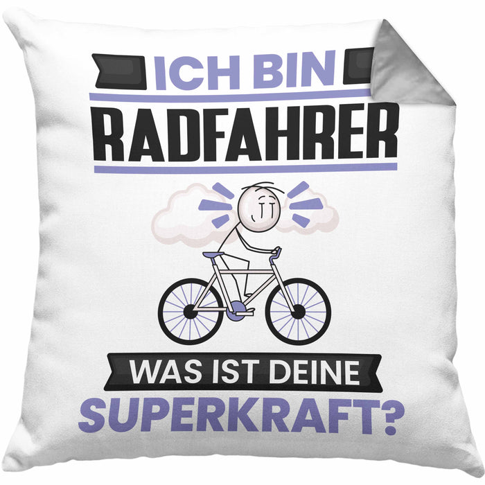 Radfahrer Kissen mit Füllung 40x40 Geschenk für Radfahrer Geburtstag Lustiger Spruch Was Ist Deine Superkraft (Grau) Grau Trendation