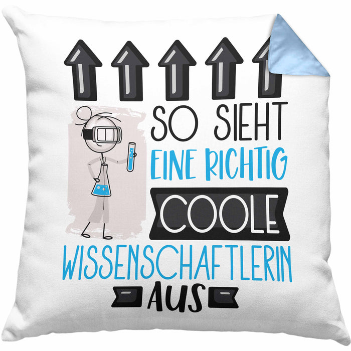 Wissenschaftlerin Geschenk Kissen mit Füllung 40x40 Geschenkidee für Wissenschaftlerin Geburtstag Weihnachten Spruch So Sieht Eine Richtig Coole Wissenschaftlerin Aus (Grau) Blau Trendation