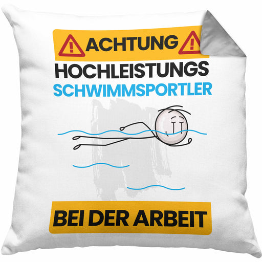 Schwimmsportler Kissen mit Füllung 40x40 Geschenk Lustiger Spruch Geschenkidee für Schwimmsportler Achtung Hochleistungs Schwimmsportler Bei Der Arbeit (Grau) Grau Trendation