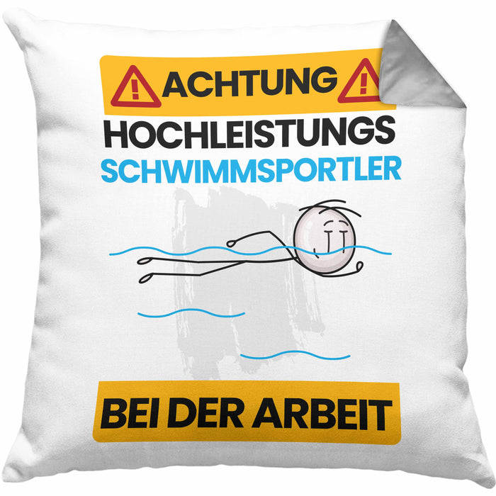 Schwimmsportler Kissen mit Füllung 40x40 Geschenk Lustiger Spruch Geschenkidee für Schwimmsportler Achtung Hochleistungs Schwimmsportler Bei Der Arbeit (Grau) Grau Trendation