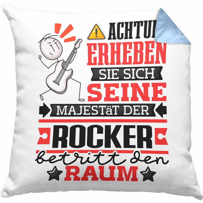 Rocker Geschenk Kissen mit Füllung 40x40 Lustiger Spruch Erheben Sie Sich Der Rocker Betritt den Raum (Grau) Blau Trendation
