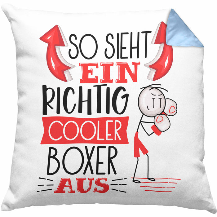 Boxer Kissen mit Füllung 40x40 Geschenk So Sieht Ein Richtig Cooler Boxer Aus Geschenkidee Spruch Lustig (Grau) Blau Trendation