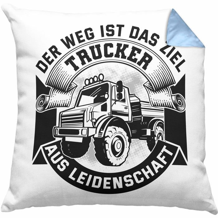 Trucker Geschenk Kissen mit Füllung 40x40 Der Weg Ist Das Ziel Trucker LKW Fahrer Geschenkidee (Grau) Blau Trendation