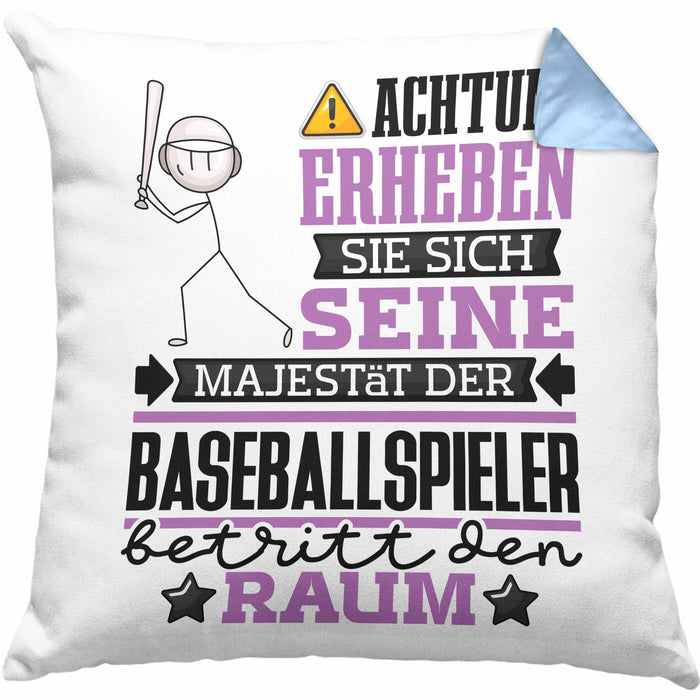 Baseballspieler Geschenk Kissen mit Füllung 40x40 Lustiger Spruch Erheben Sie Sich Der Baseballspieler Betritt den Raum (Grau) Blau Trendation
