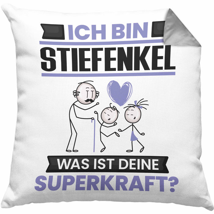 Stiefenkel Kissen mit Füllung 40x40 Geschenk für Stiefenkel Geburtstag Lustiger Spruch Was Ist Deine Superkraft (Grau) Grau Trendation