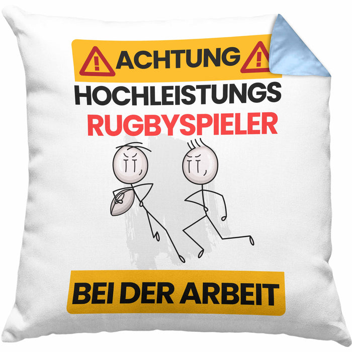 Rugbyspieler Kissen mit Füllung 40x40 Geschenk Lustiger Spruch Geschenkidee für Rugbyspieler Achtung Hochleistungs Rugbyspieler Bei Der Arbeit (Grau) Blau Trendation