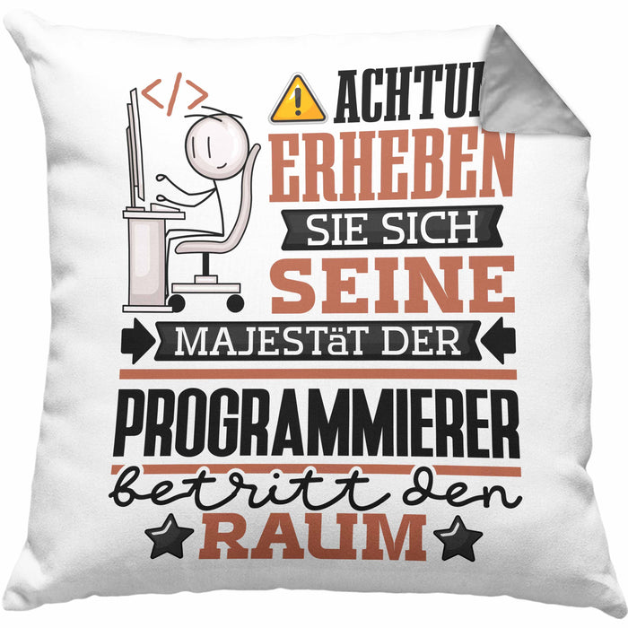 Programmierer Geschenk Kissen mit Füllung 40x40 Lustiger Spruch Erheben Sie Sich Der Programmierer Betritt den Raum (Grau) Grau Trendation