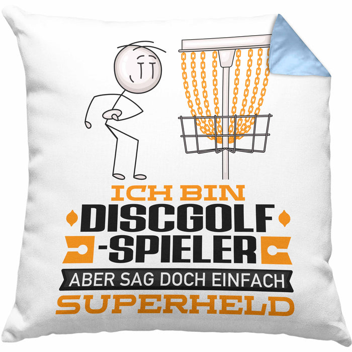 Discgolf-Spieler Geschenk Kissen mit Füllung 40x40 Ich Bin Discgolf-Spieler Aber Sag Doch Einfach Superheld Lustige Geschenkdiee für Discgolf-Spieler (Grau) Blau Trendation