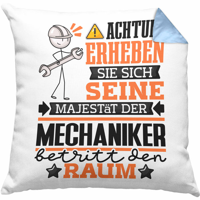 Mechaniker Geschenk Kissen mit Füllung 40x40 Lustiger Spruch Erheben Sie Sich Der Mechaniker Betritt den Raum (Grau) Blau Trendation