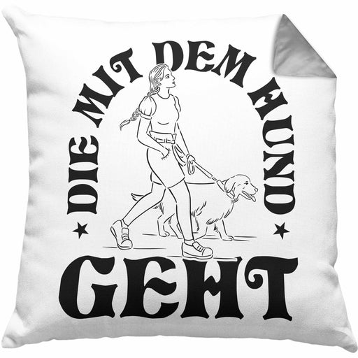 Die Mit Dem Hund Geht Kissen mit Füllung 40x40 Geschenk für Frauchen Hundebesitzerin Geschenkidee (Grau) Grau Trendation