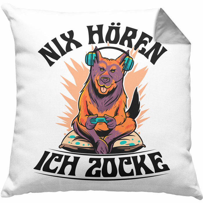 Zocker Geschenk Kissen mit Füllung 40x40 Nix Hören ich Zocke Jungs Jungen Geschenkidee zum Zocken (Grau) Grau Trendation