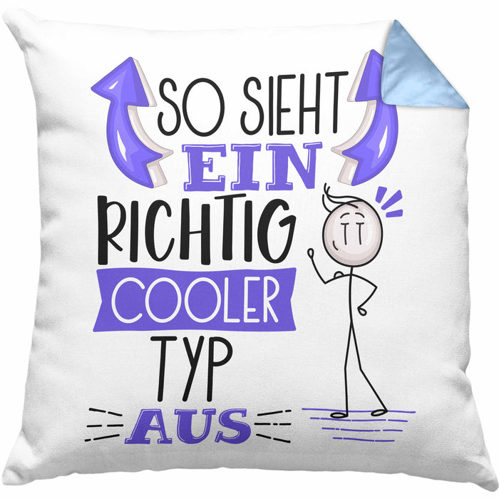 Typ Kissen mit Füllung 40x40 Geschenk So Sieht Ein RIchtig Cooler Typ Aus Geschenkidee Lustiger Spruch Geburtstag (Grau) Blau Trendation